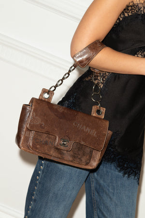 2000s Chanel Brown Leather Graffiti Shoulder Bag