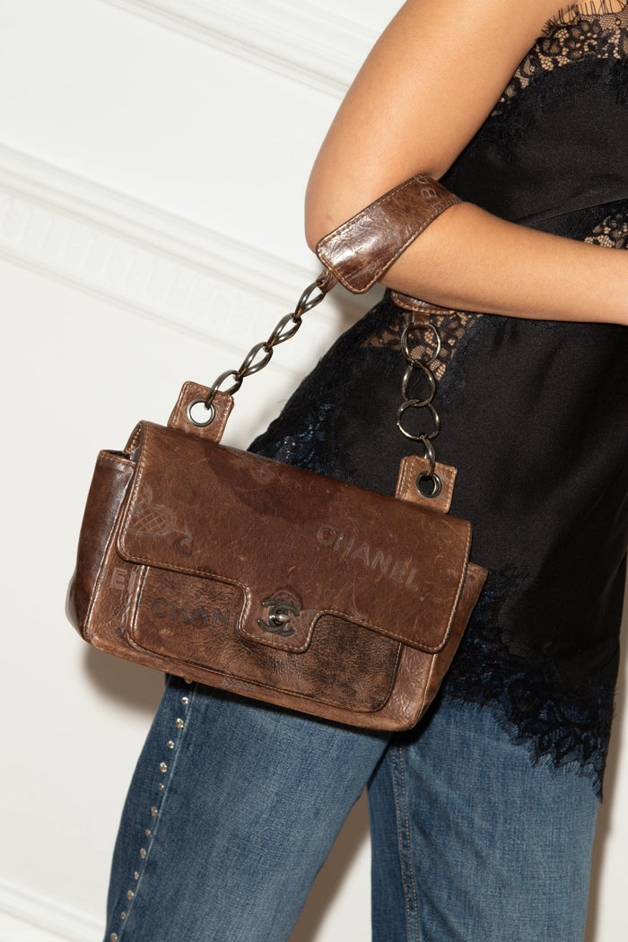 2000s Chanel Brown Leather Graffiti Shoulder Bag