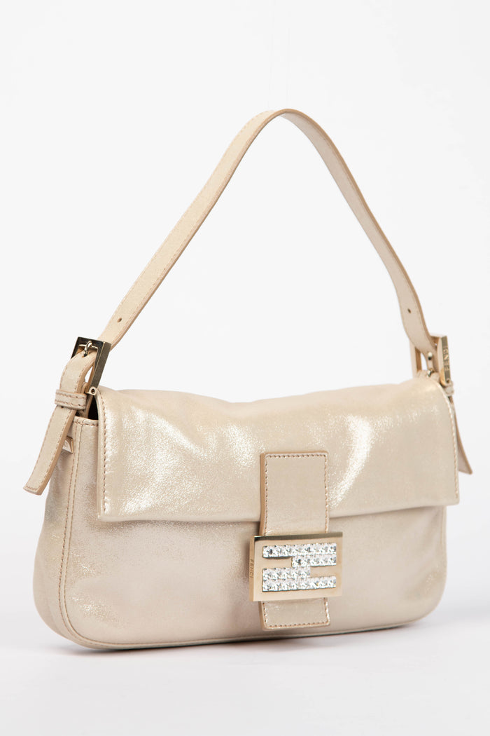 RARE 2000s Fendi Champagne Leather Baguette Shoulder Bag