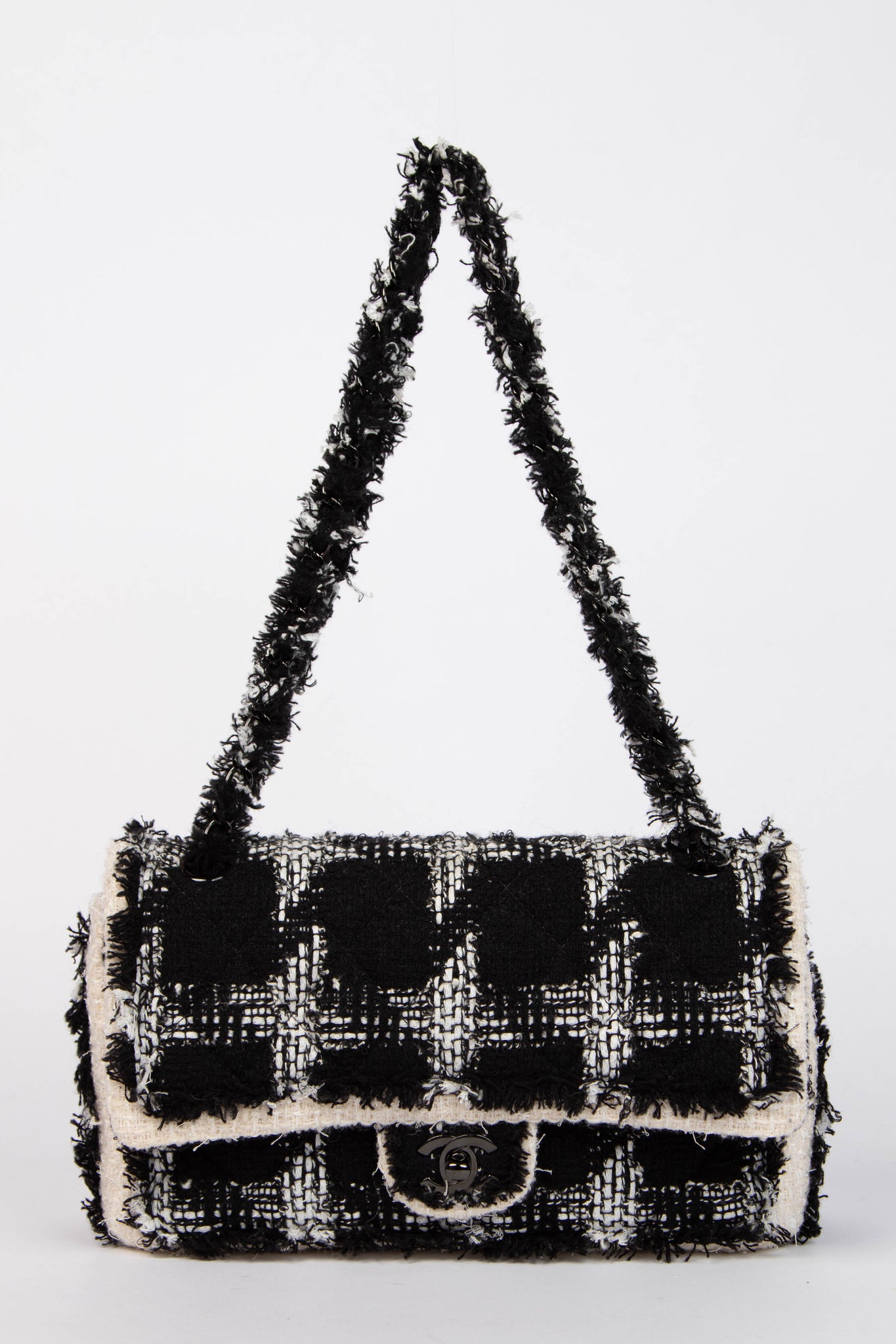 2020 Chanel Black and White Tweed Medium Double Flap Shoulder Bag