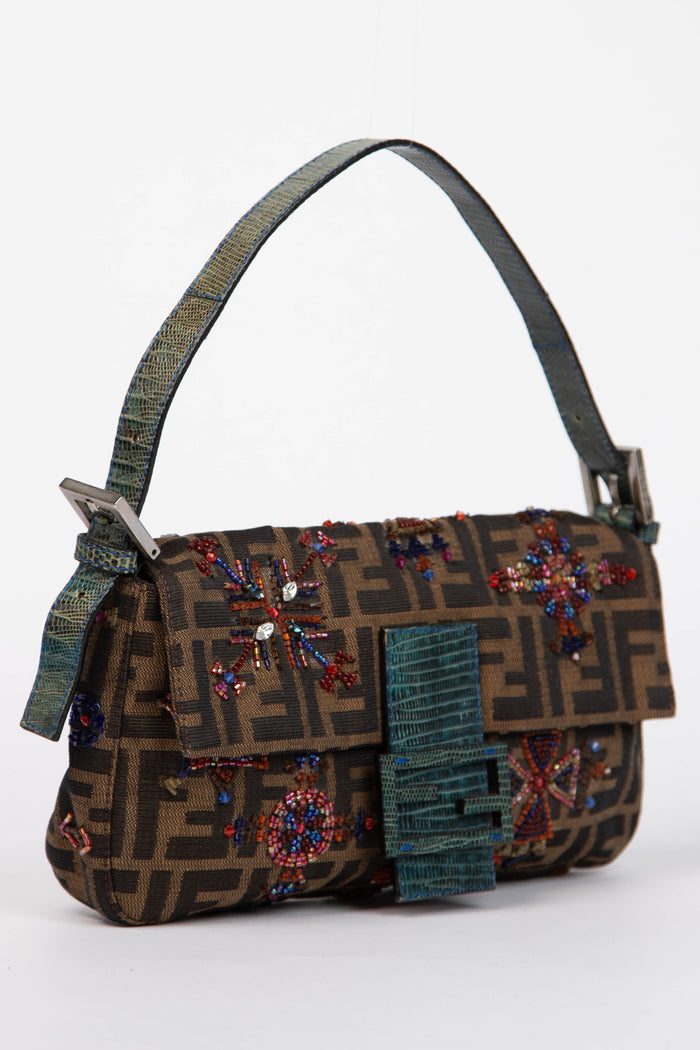 RARE Fendi Zucca Beaded Baguette Shoulder Bag