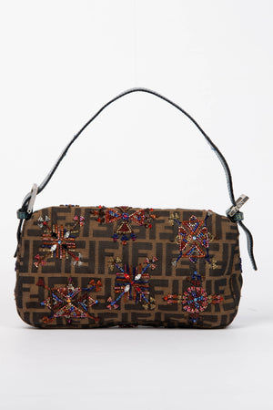 RARE Fendi Zucca Beaded Baguette Shoulder Bag