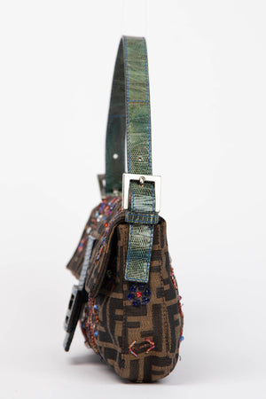 RARE Fendi Zucca Beaded Baguette Shoulder Bag