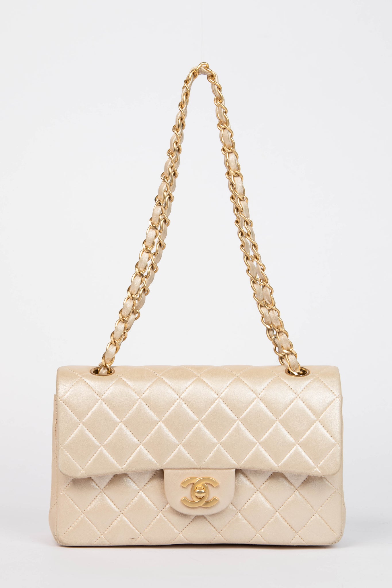 2000s Chanel Pearlescent Leather Small Double Flap Shoulder Bag