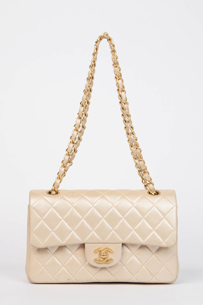 2000s Chanel Pearlescent Leather Small Double Flap Shoulder Bag