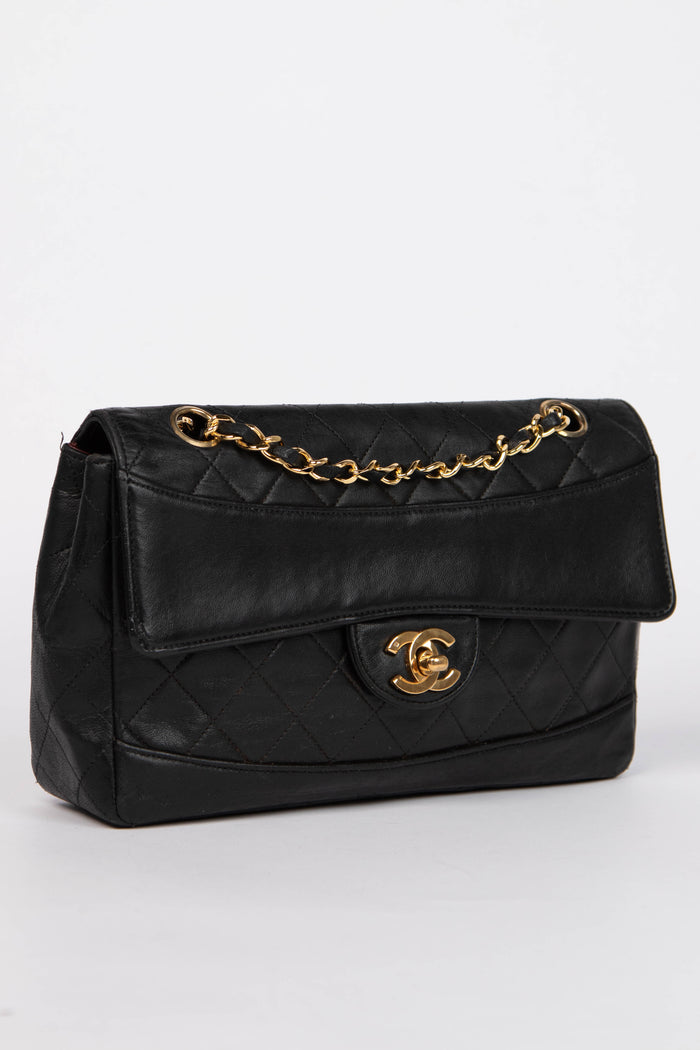 80s Chanel Black Lambskin Single Flap Bag with 24k GHW
