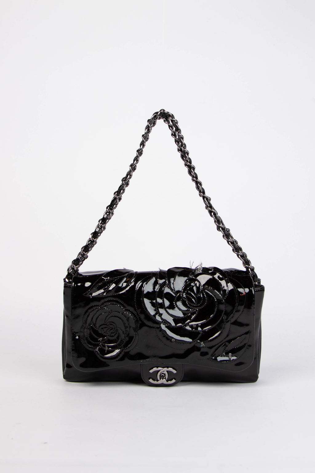 2010s Chanel Black Patent Leather Camellia Flap Bag