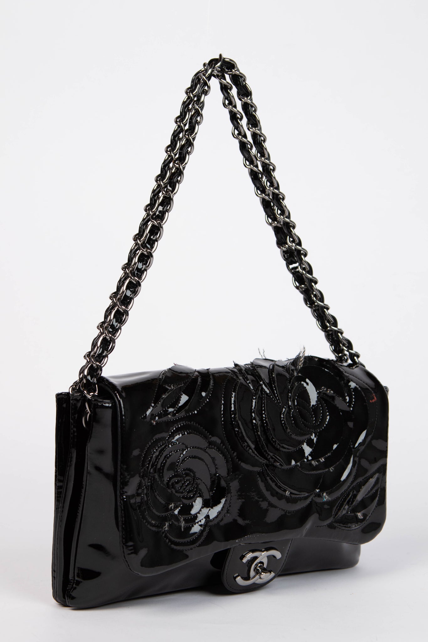 2010s Chanel Black Patent Leather Camellia Flap Bag