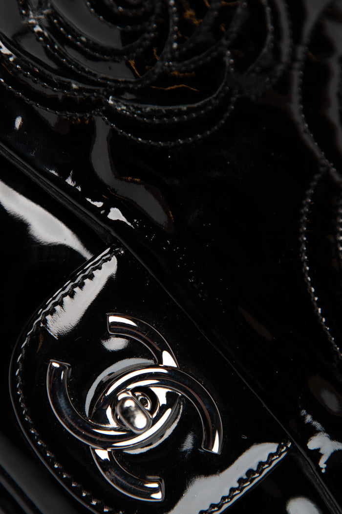 2010s Chanel Black Patent Leather Camellia Flap Bag