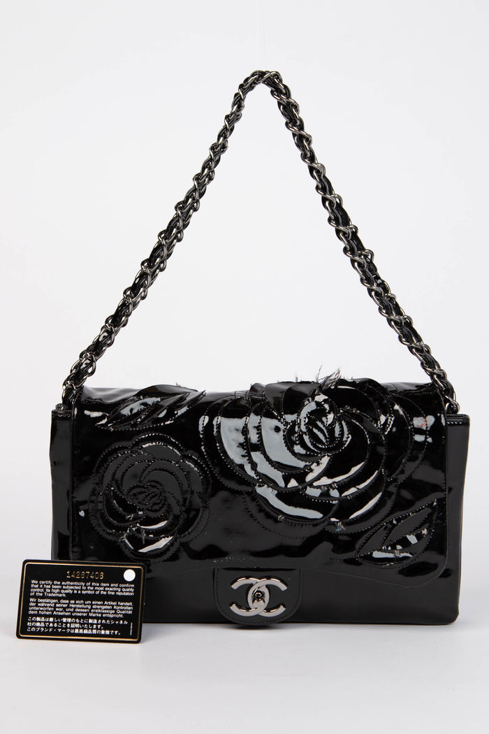 2010s Chanel Black Patent Leather Camellia Flap Bag