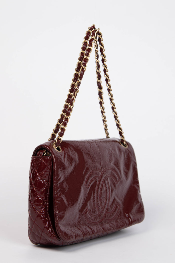 2000s Chanel Burgundy Patent Leather CC Flap Shoulder Bag