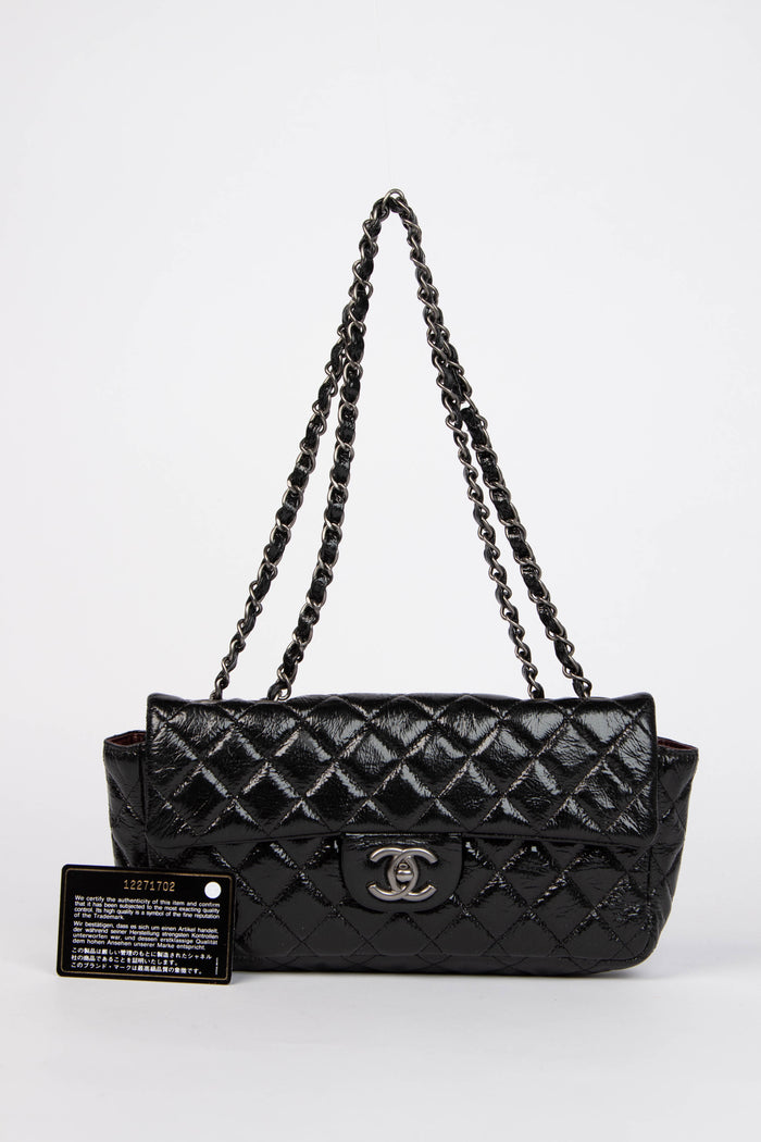 2000s Chanel Black Patent Aged Calfskin East West Shoulder Bag