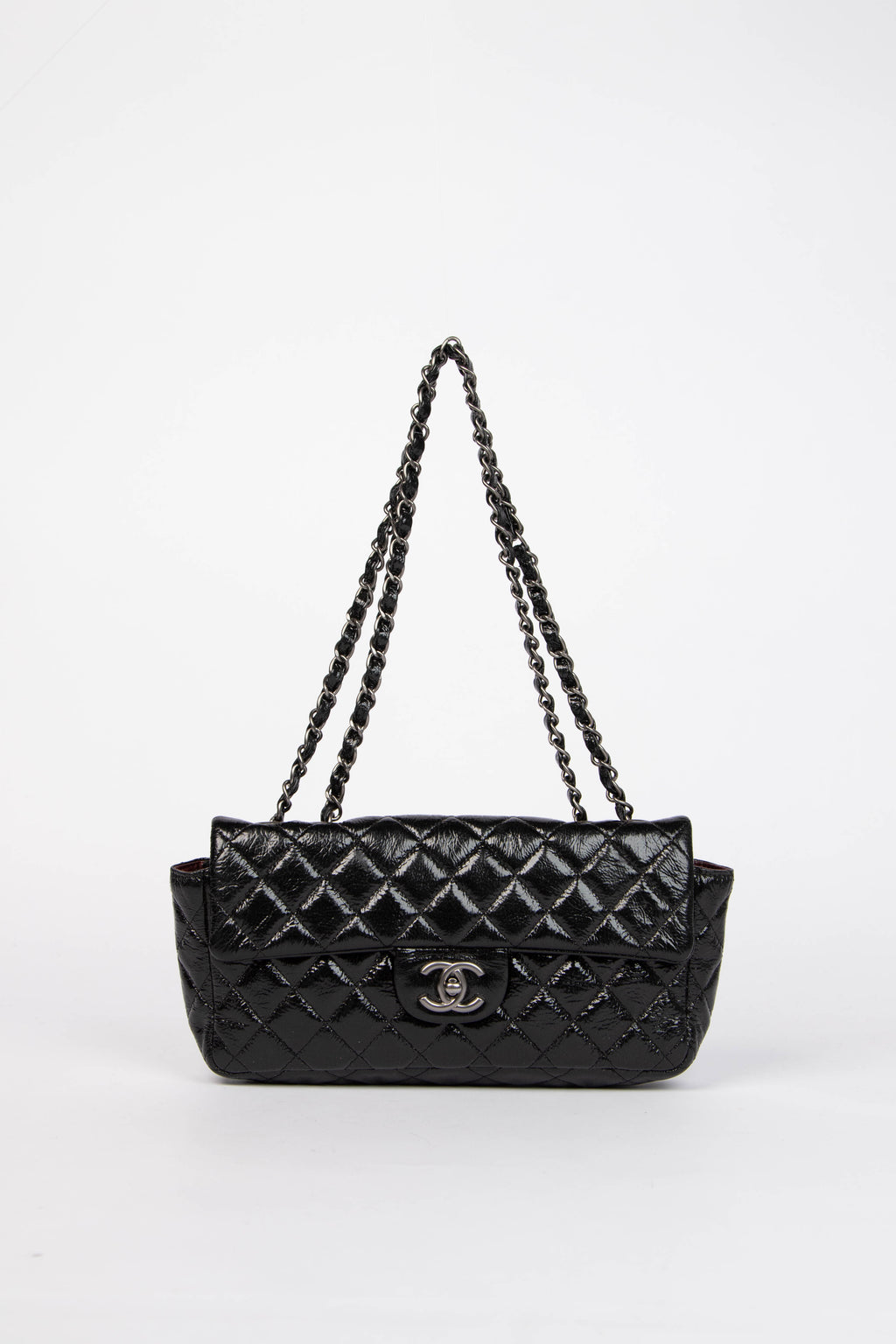 2000s Chanel Black Patent Aged Calfskin East West Shoulder Bag