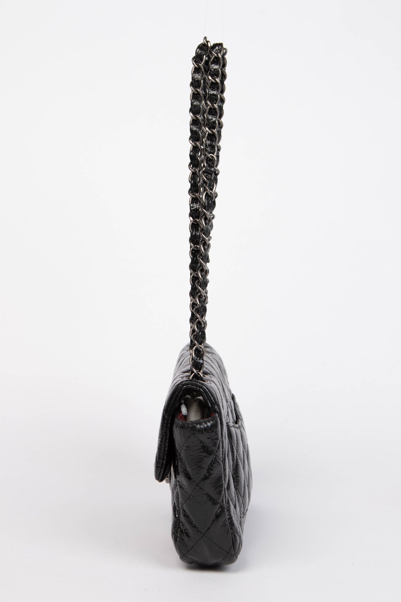 2000s Chanel Black Patent Aged Calfskin East West Shoulder Bag