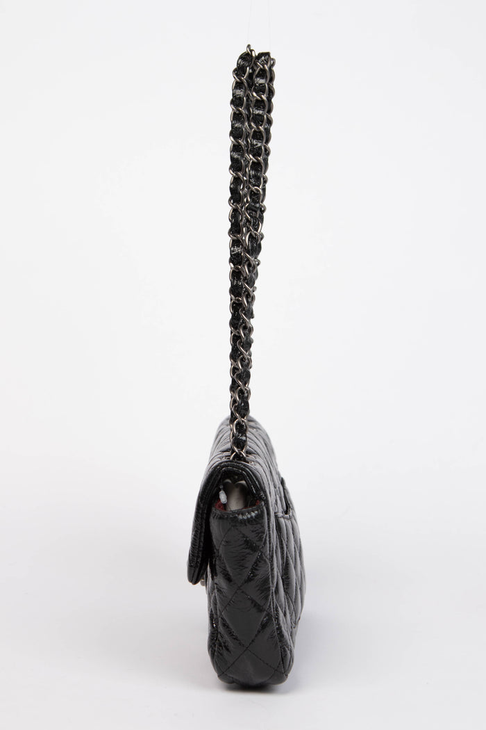 2000s Chanel Black Patent Aged Calfskin East West Shoulder Bag