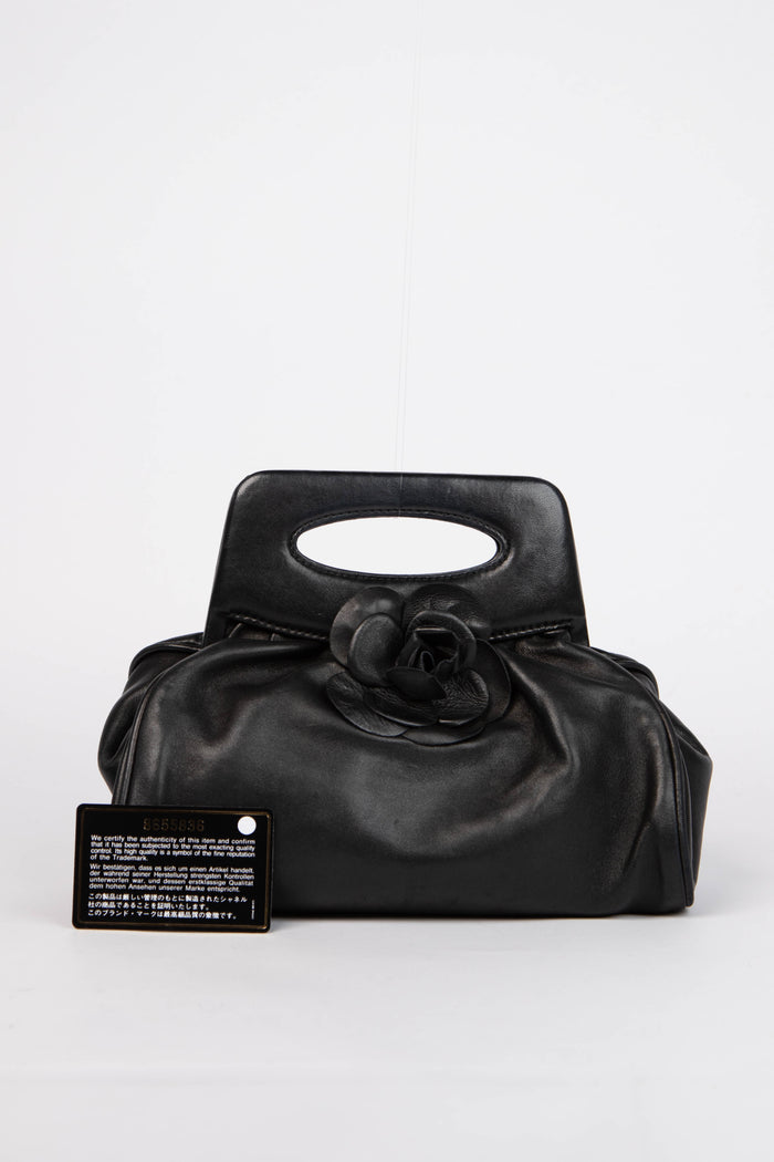Vintage Chanel Black Lambskin Camellia Clutch Bag