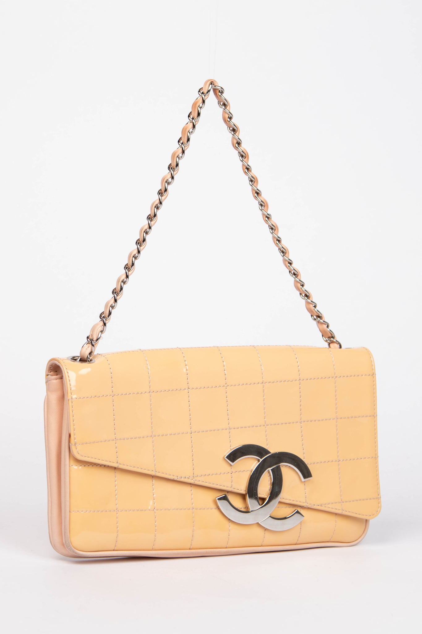 2000s Chanel Patent Leather Diagonal East West Chocolate Bar Flap Bag