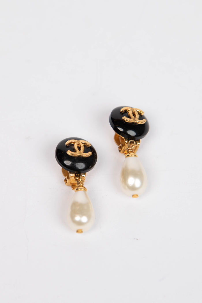 Vintage Chanel Black & Gold Pearl Drop Earrings