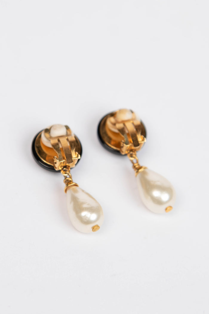 Vintage Chanel Black & Gold Pearl Drop Earrings