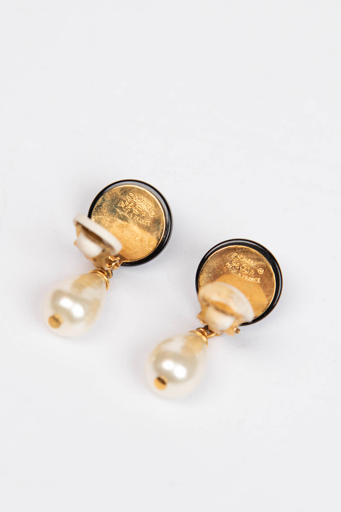 Vintage Chanel Black & Gold Pearl Drop Earrings