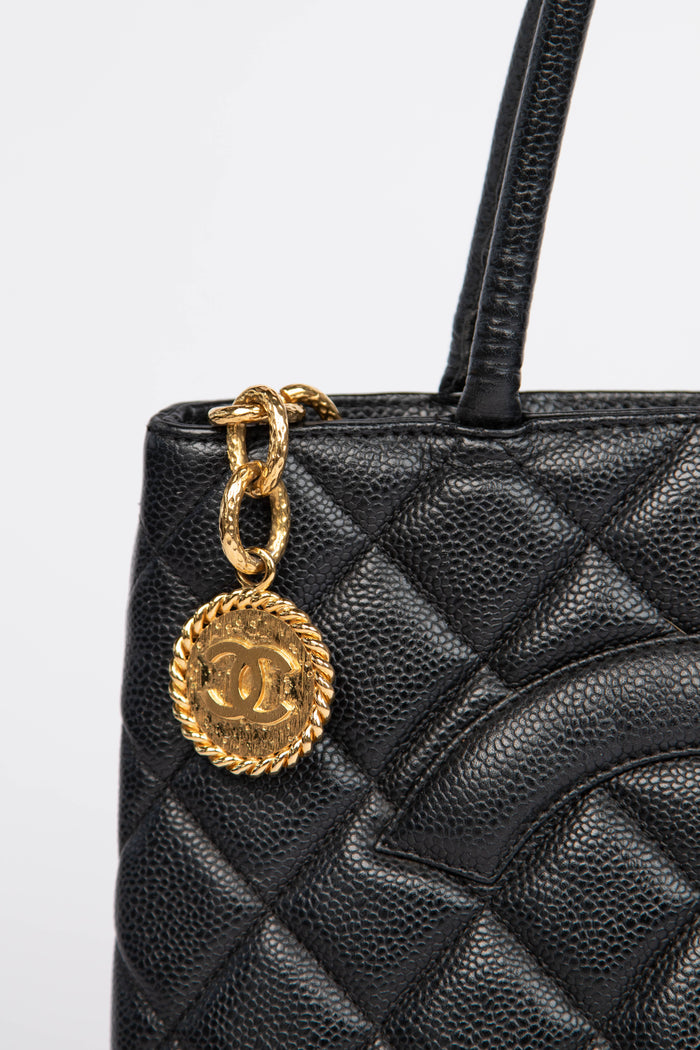 2000s Chanel Black Caviar Gold Medallion Tote Bag