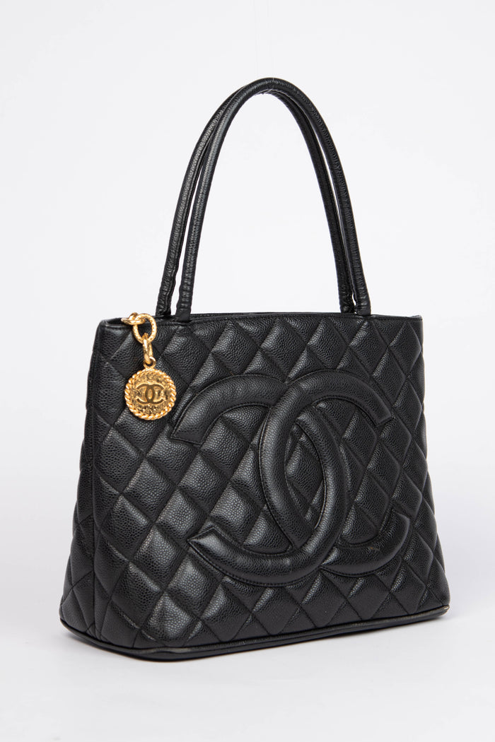 2000s Chanel Black Caviar Gold Medallion Tote Bag