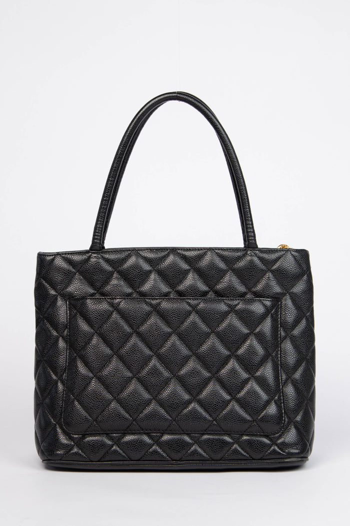 2000s Chanel Black Caviar Gold Medallion Tote Bag