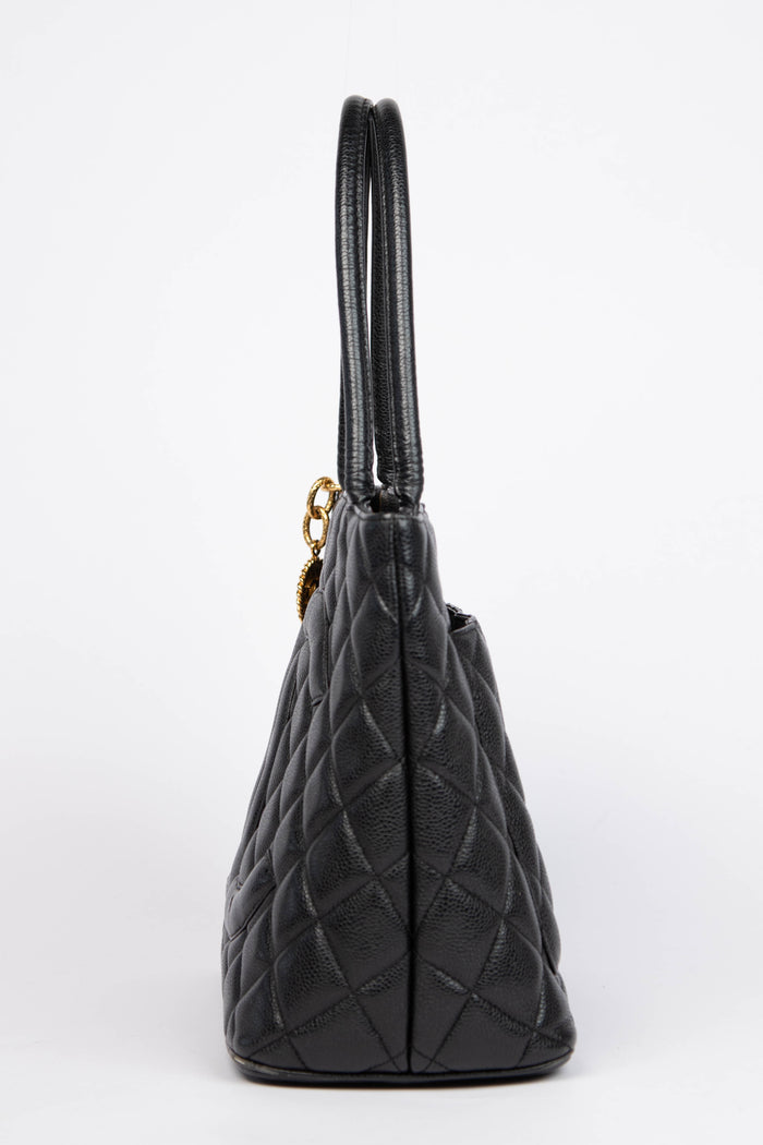 2000s Chanel Black Caviar Gold Medallion Tote Bag