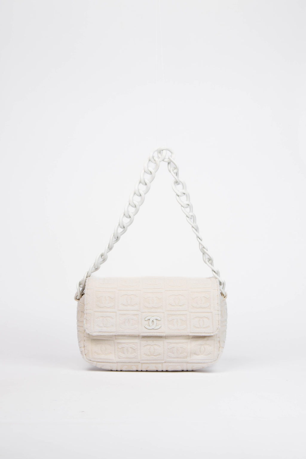 2000s Chanel White CC Embossed Terry Towelling Single Flap Bag