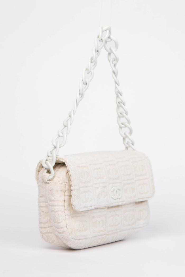 2000s Chanel White CC Embossed Terry Towelling Single Flap Bag