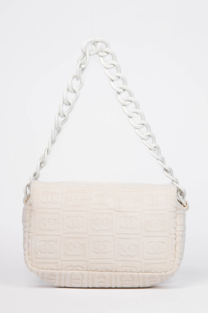 2000s Chanel White CC Embossed Terry Towelling Single Flap Bag