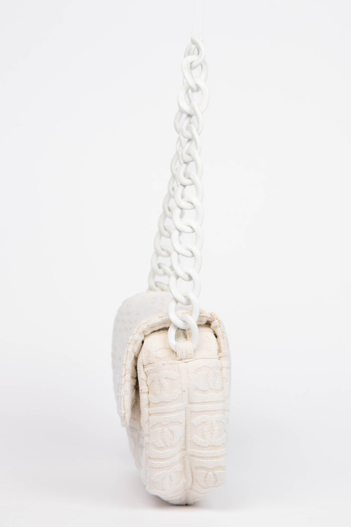 2000s Chanel White CC Embossed Terry Towelling Single Flap Bag