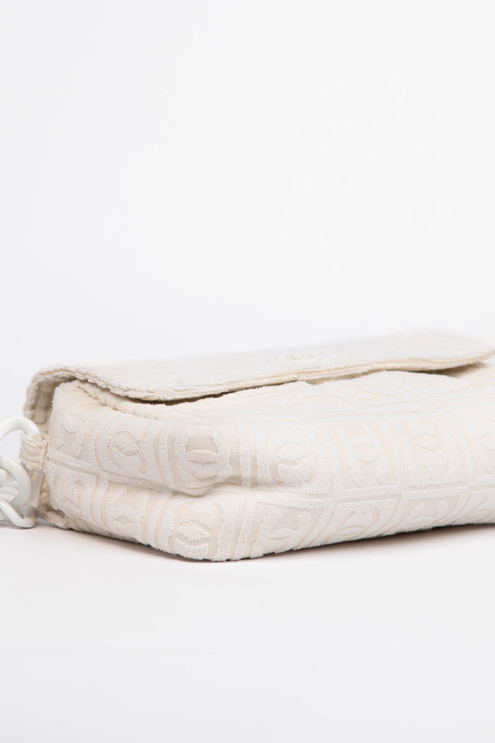 2000s Chanel White CC Embossed Terry Towelling Single Flap Bag