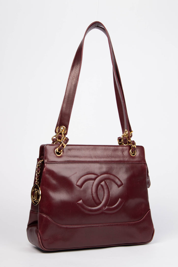 90s Chanel Burgundy Lambskin CC Tote Bag with 24k GHW
