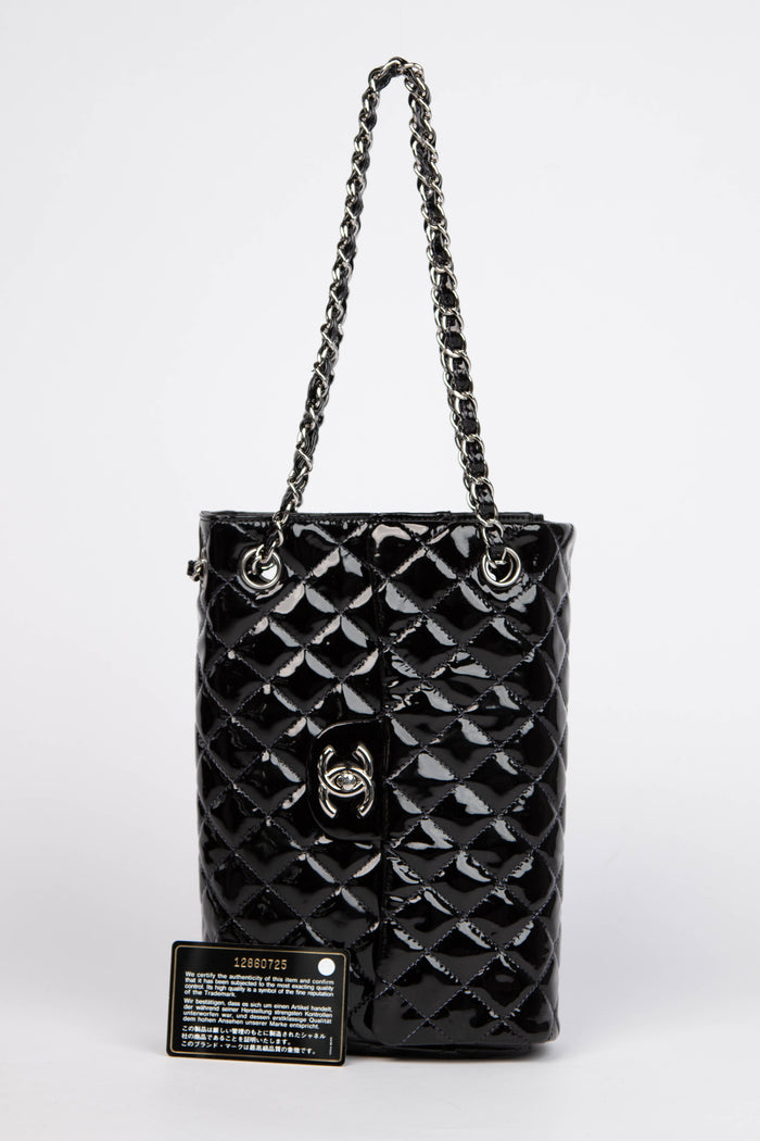 2000s Chanel Black Patent Leather Sideways Flap Shoulder Bag