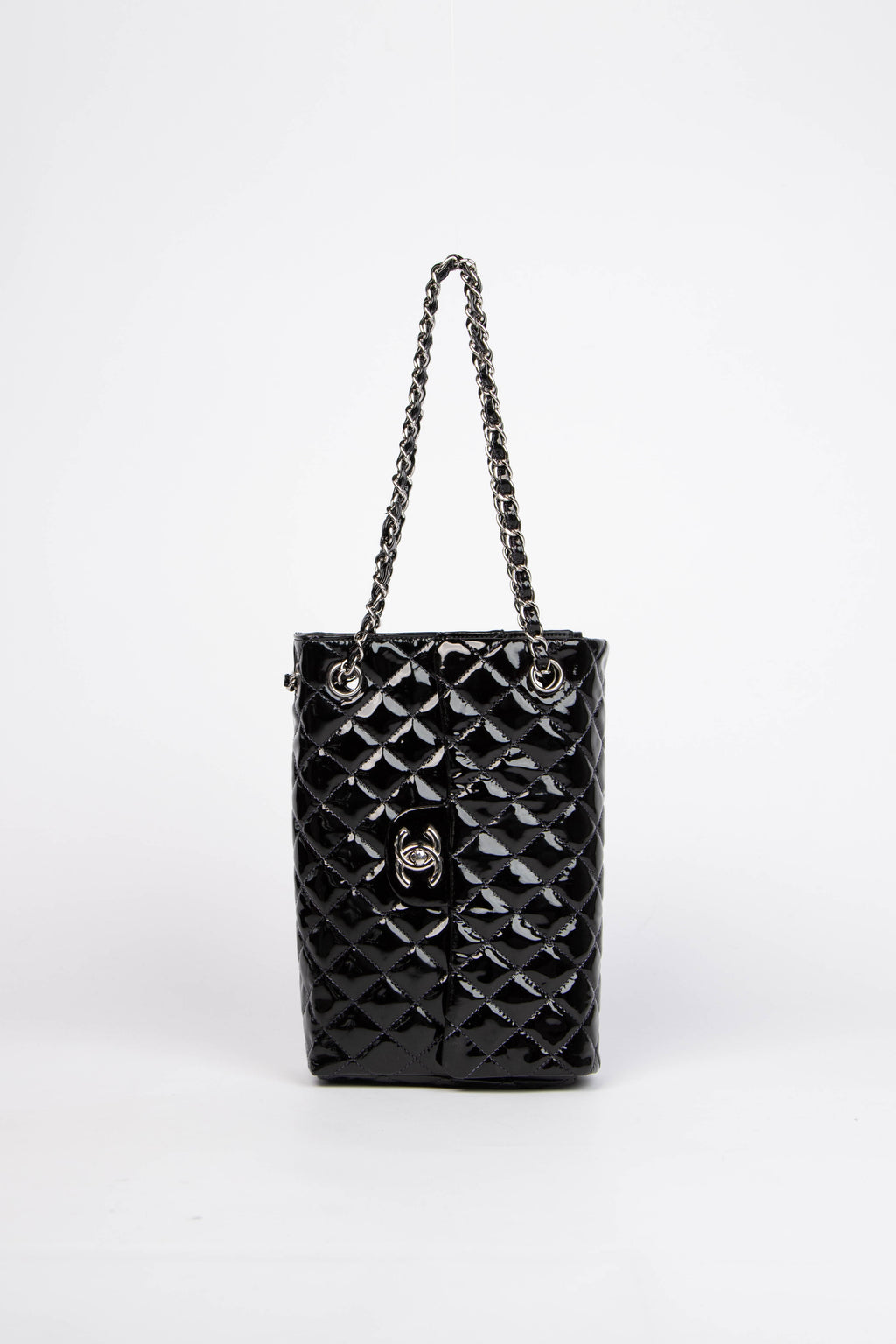 2000s Chanel Black Patent Leather Sideways Flap Shoulder Bag