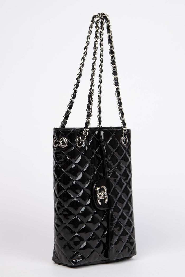 2000s Chanel Black Patent Leather Sideways Flap Shoulder Bag