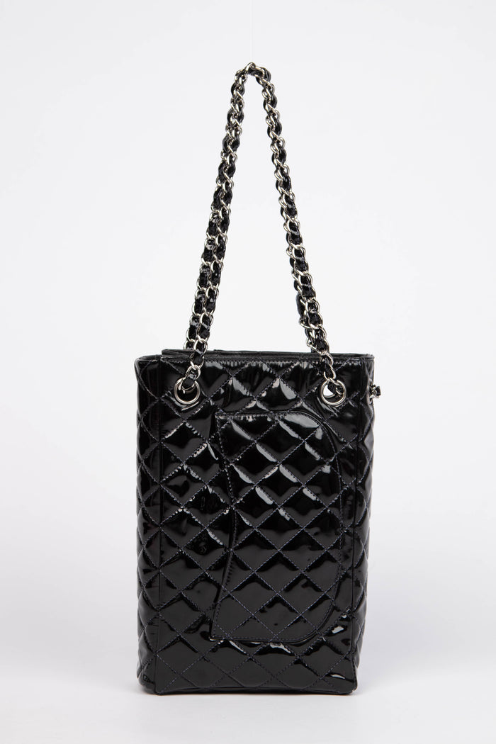 2000s Chanel Black Patent Leather Sideways Flap Shoulder Bag