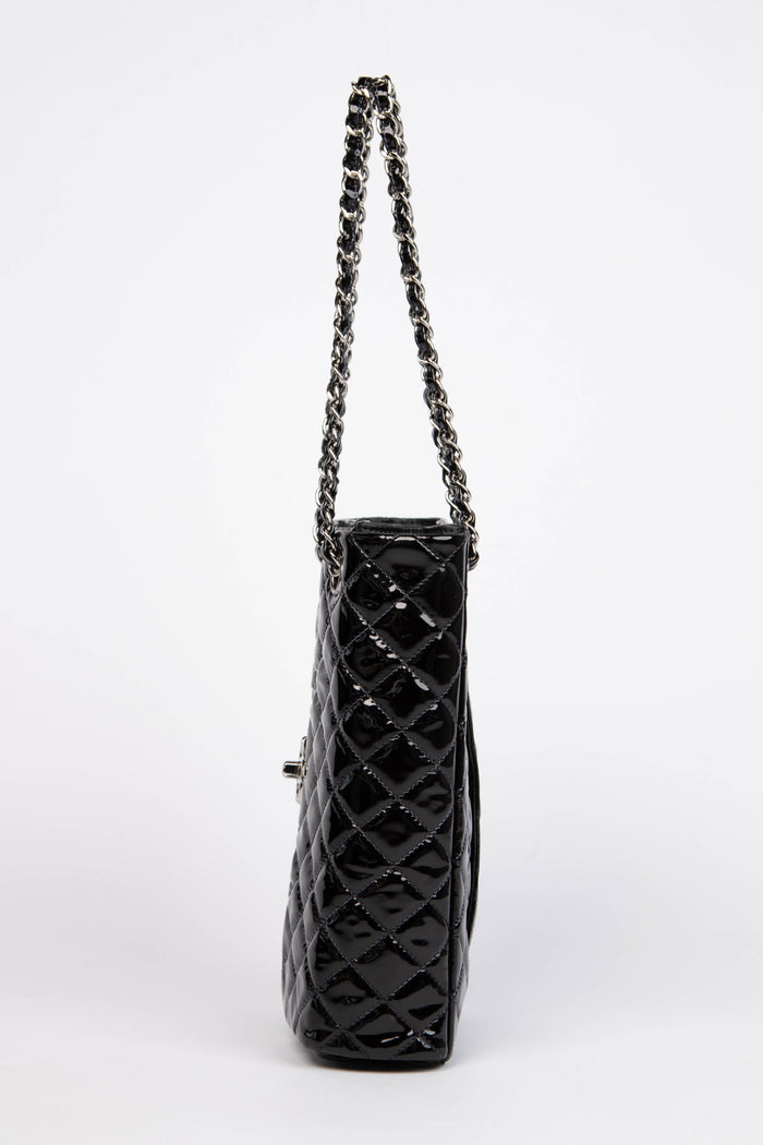 2000s Chanel Black Patent Leather Sideways Flap Shoulder Bag