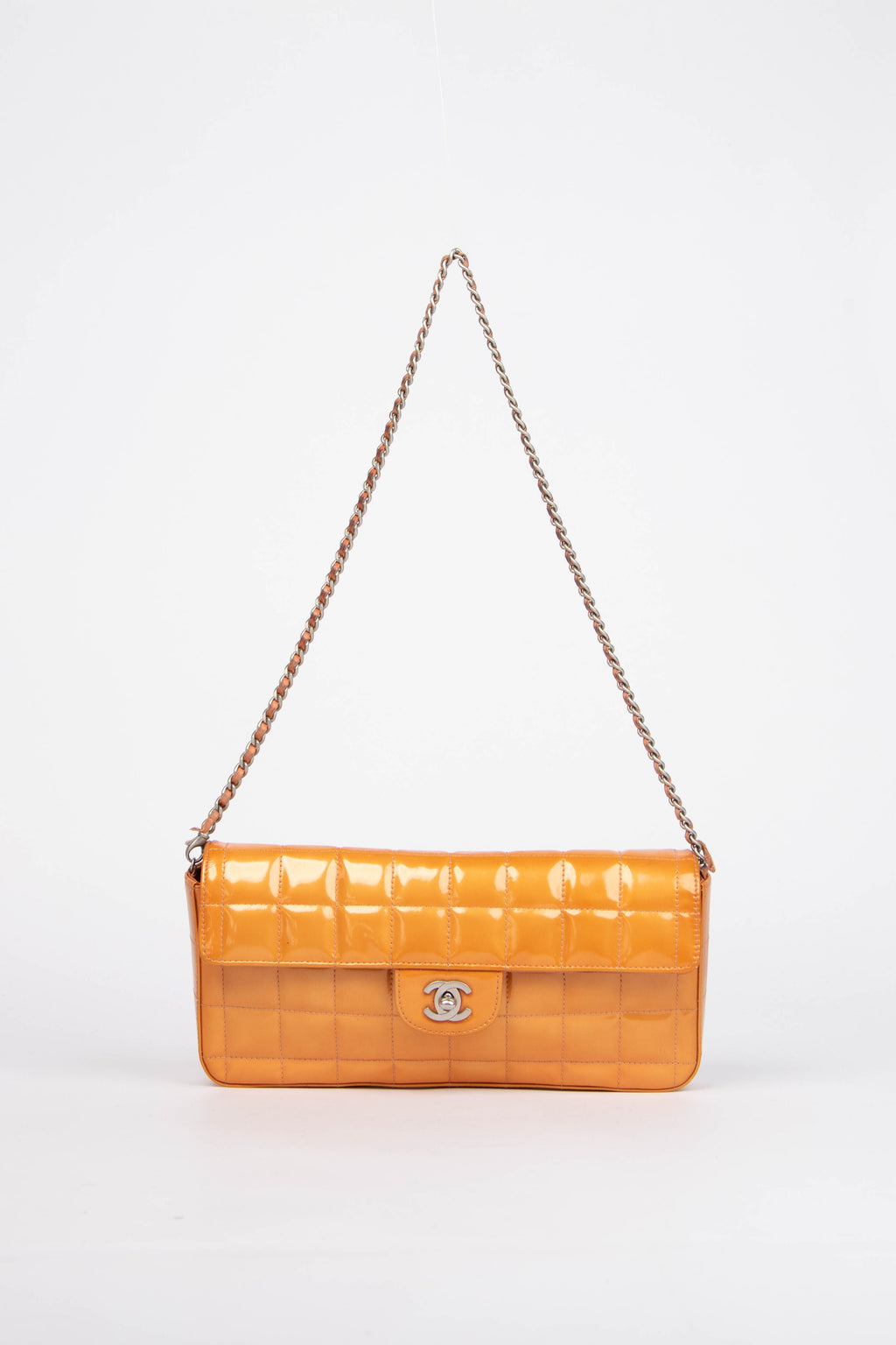 2000s Chanel Orange Patent Leather Chocolate East West Shoulder Bag