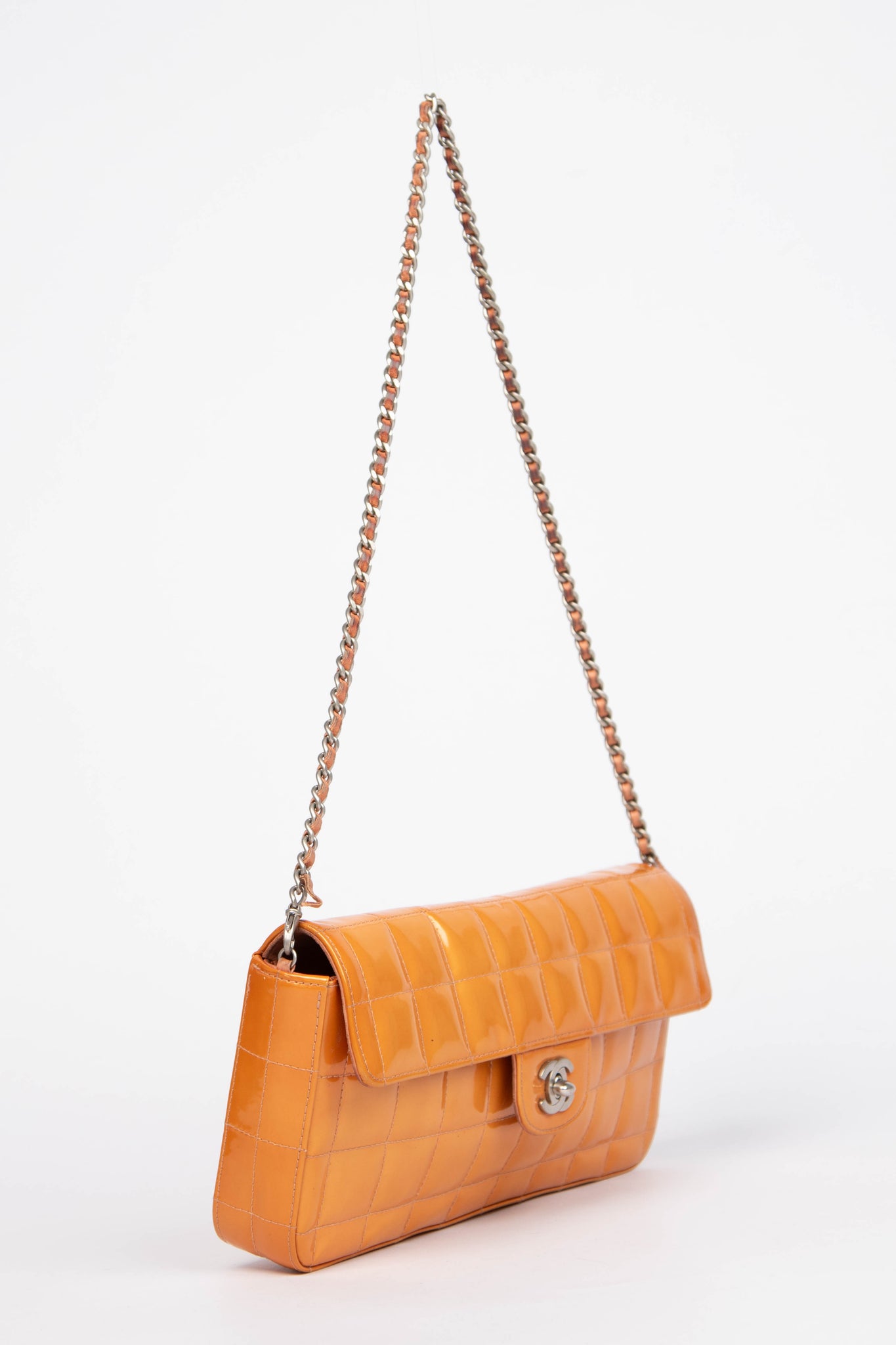 2000s Chanel Orange Patent Leather Chocolate East West Shoulder Bag