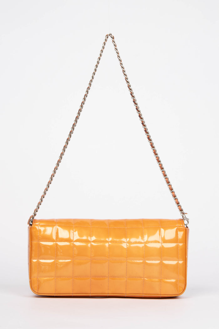 2000s Chanel Orange Patent Leather Chocolate East West Shoulder Bag