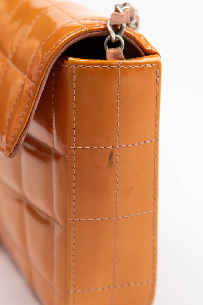 2000s Chanel Orange Patent Leather Chocolate East West Shoulder Bag