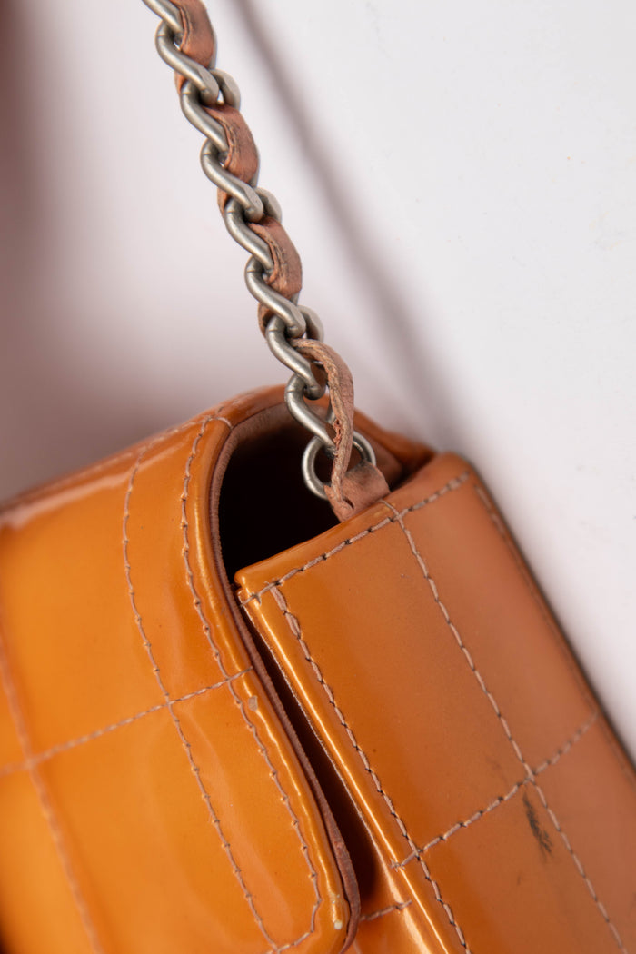 2000s Chanel Orange Patent Leather Chocolate East West Shoulder Bag