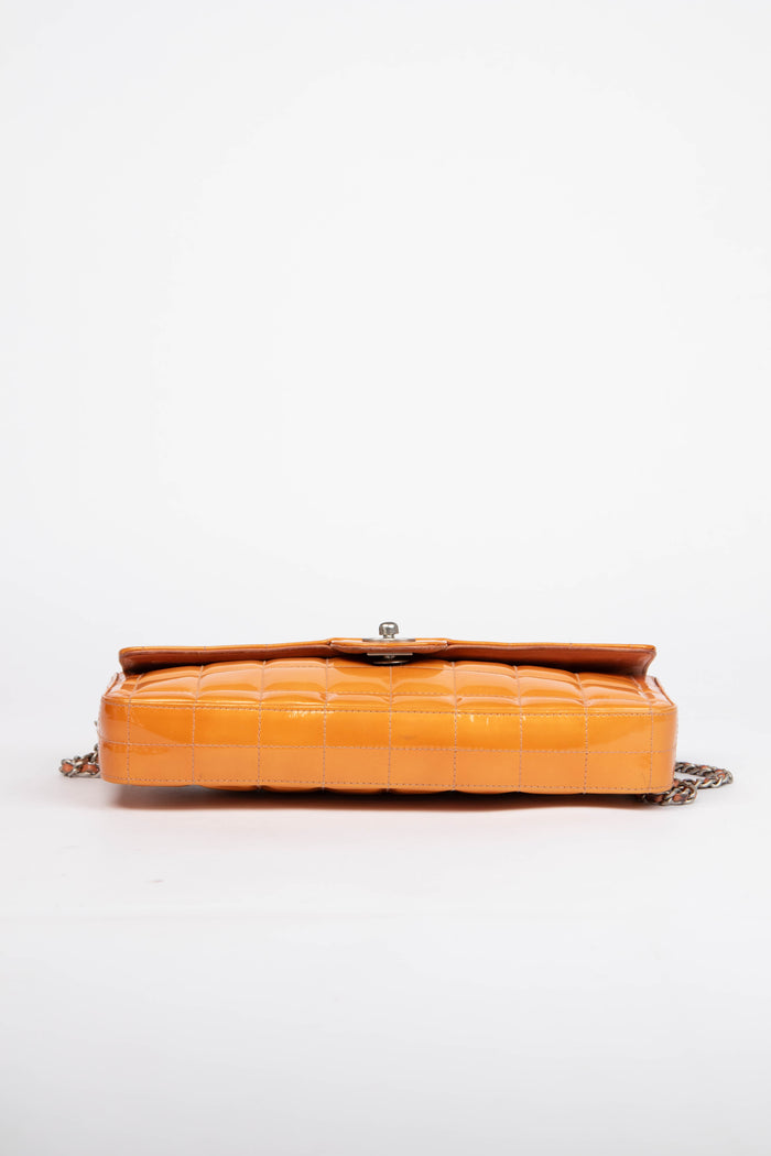 2000s Chanel Orange Patent Leather Chocolate East West Shoulder Bag