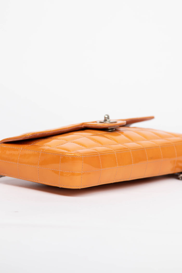 2000s Chanel Orange Patent Leather Chocolate East West Shoulder Bag
