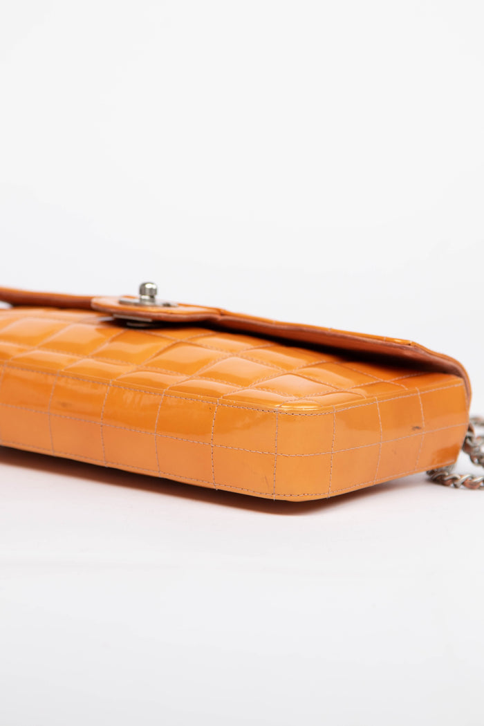 2000s Chanel Orange Patent Leather Chocolate East West Shoulder Bag