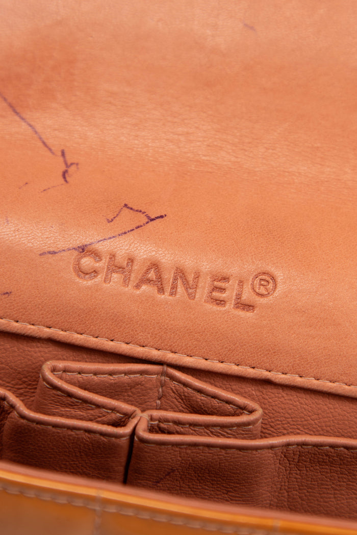 2000s Chanel Orange Patent Leather Chocolate East West Shoulder Bag
