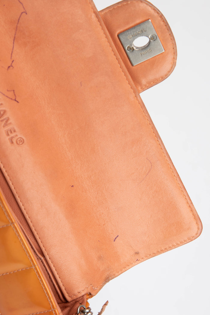 2000s Chanel Orange Patent Leather Chocolate East West Shoulder Bag