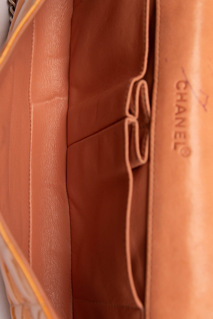 2000s Chanel Orange Patent Leather Chocolate East West Shoulder Bag